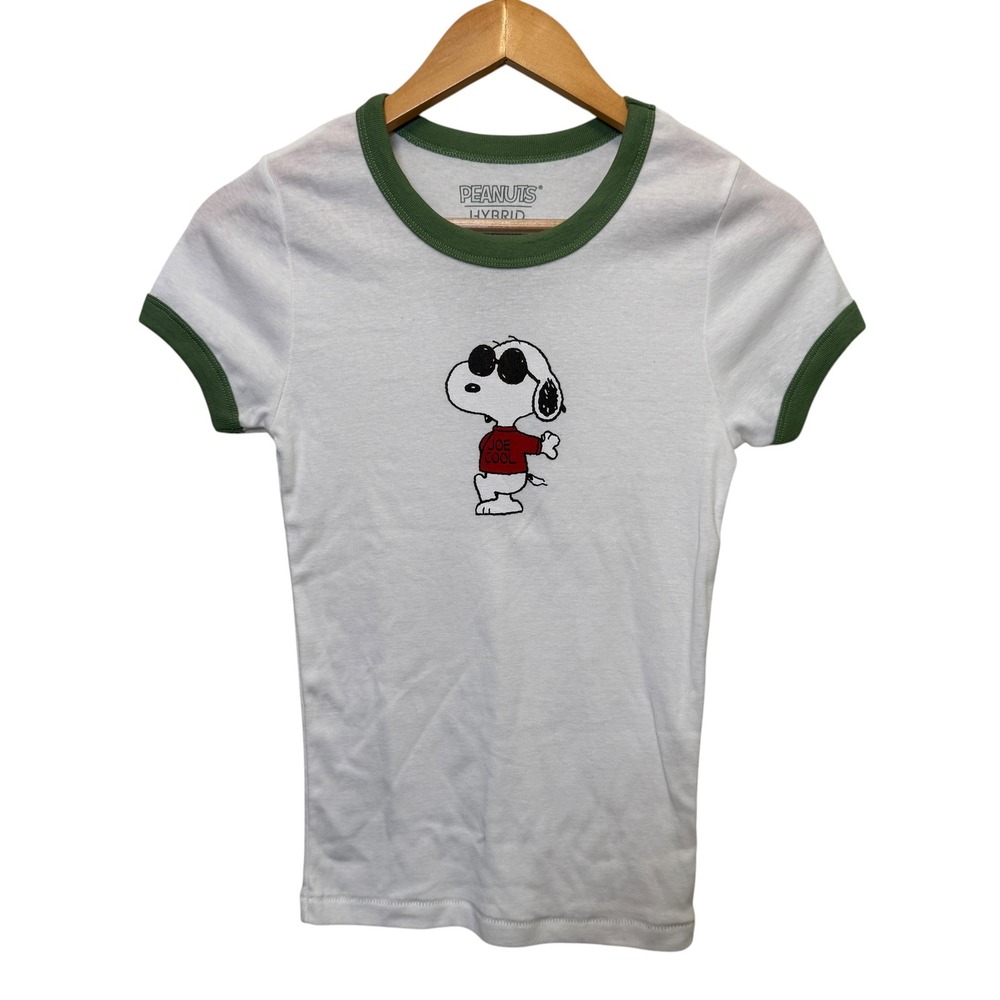 Peanuts Womens Joe Cool Snoopy Ringer Tee M White Green Graphic Retro Indie